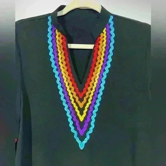 Women's Casual Boho Embroidered V-Neck Short Sleeve Shirt Fall Blouse - Picture 1 of 7